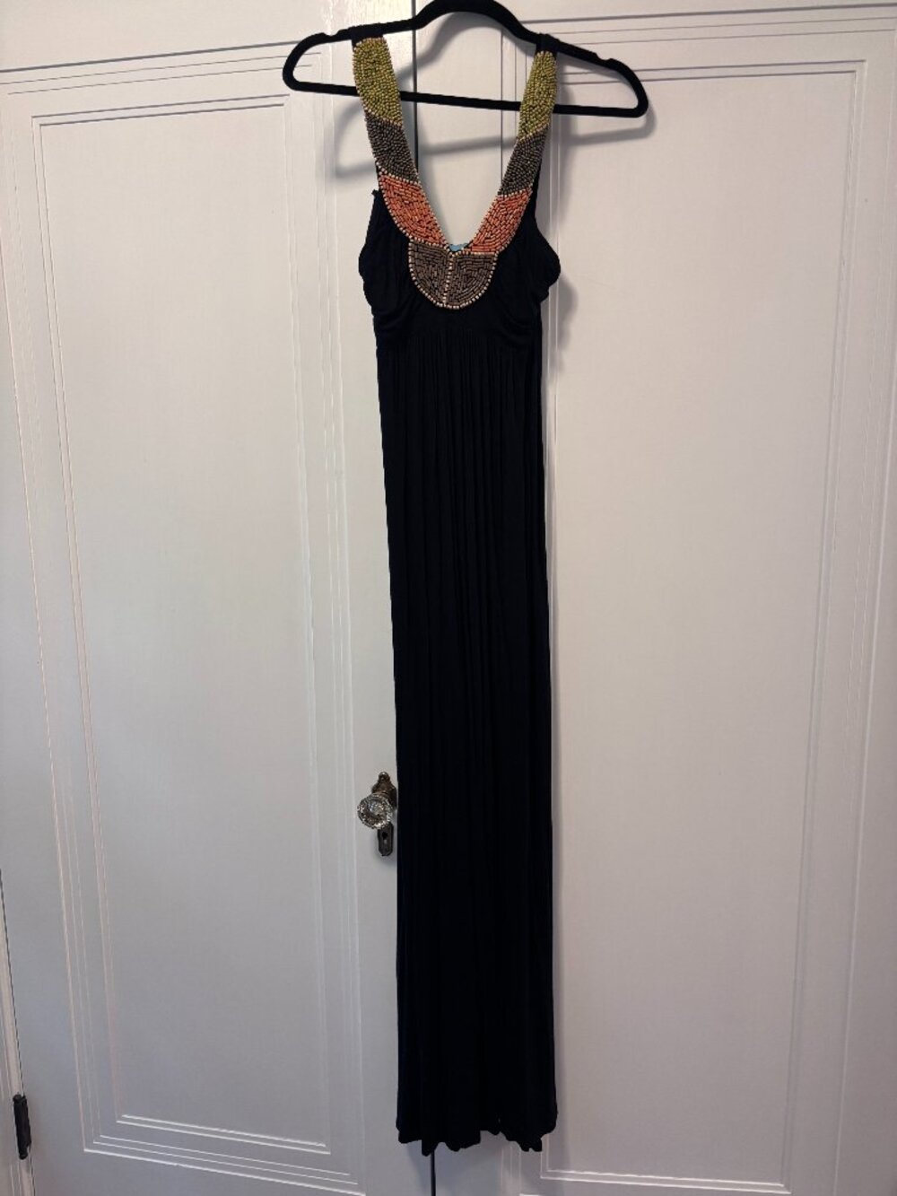 Black jersey maxi dress with beaded neck